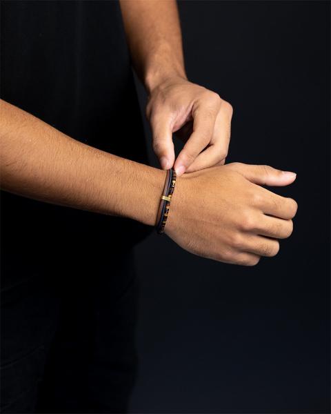 Dreifaches Armband mit italienischem Leder und 2 mm Tigerauge-Stein in 3 Farben - Triplux 3Colours